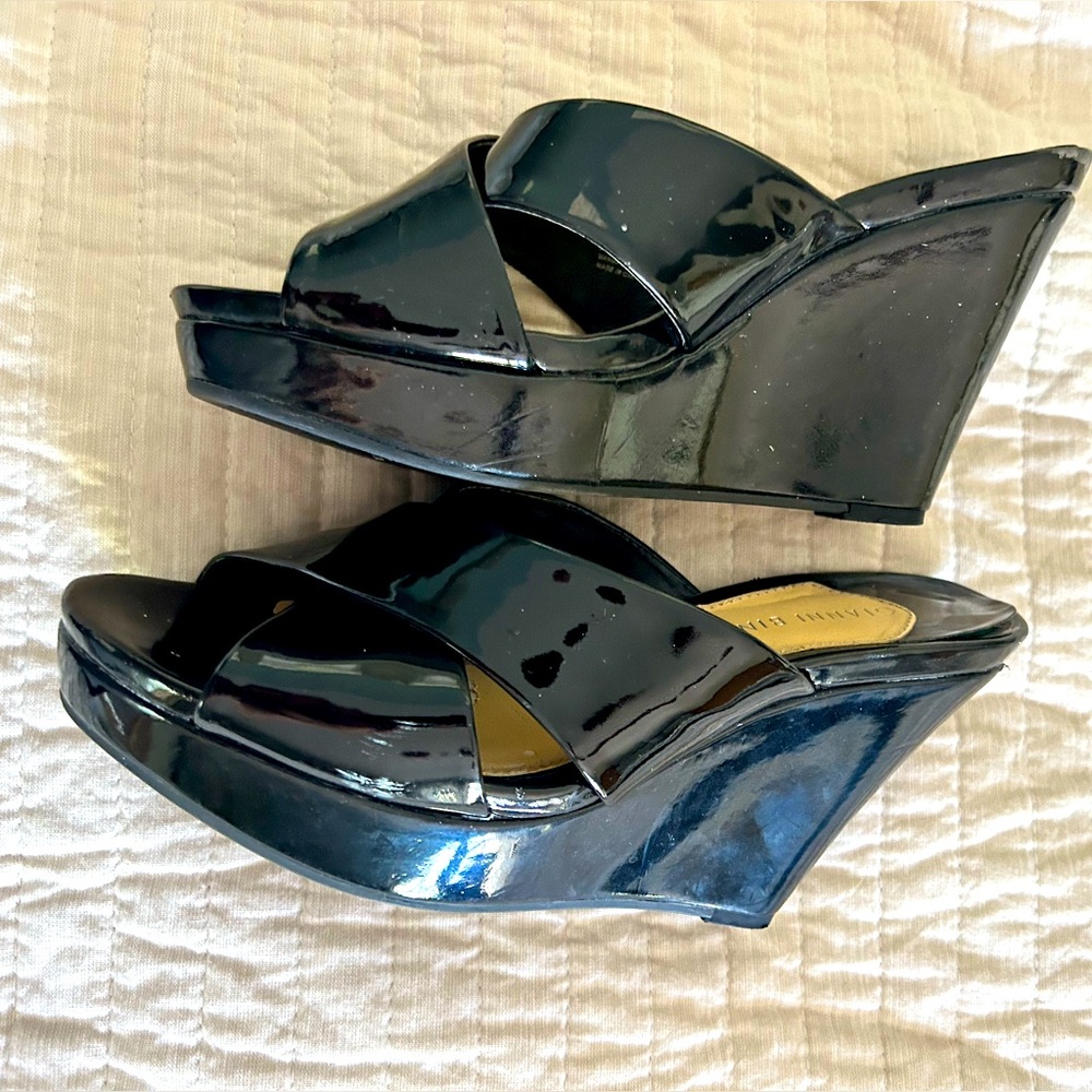 Women’s black patent leather wedge heels.  Gianni Bini. Size 8